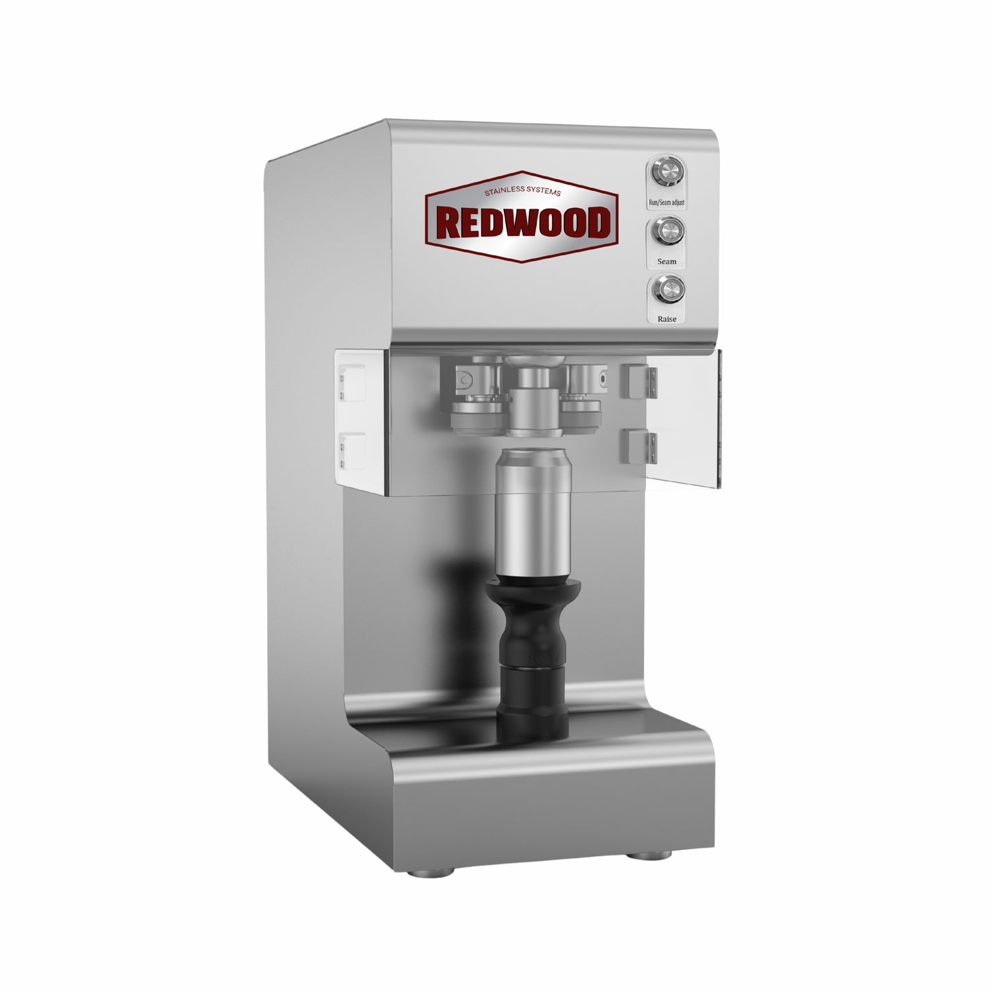 A close-up of the Redwood Bonsai Can Seamer, a compact and durable single-head canning machine, designed for precision sealing in craft brewing and beverage production.
