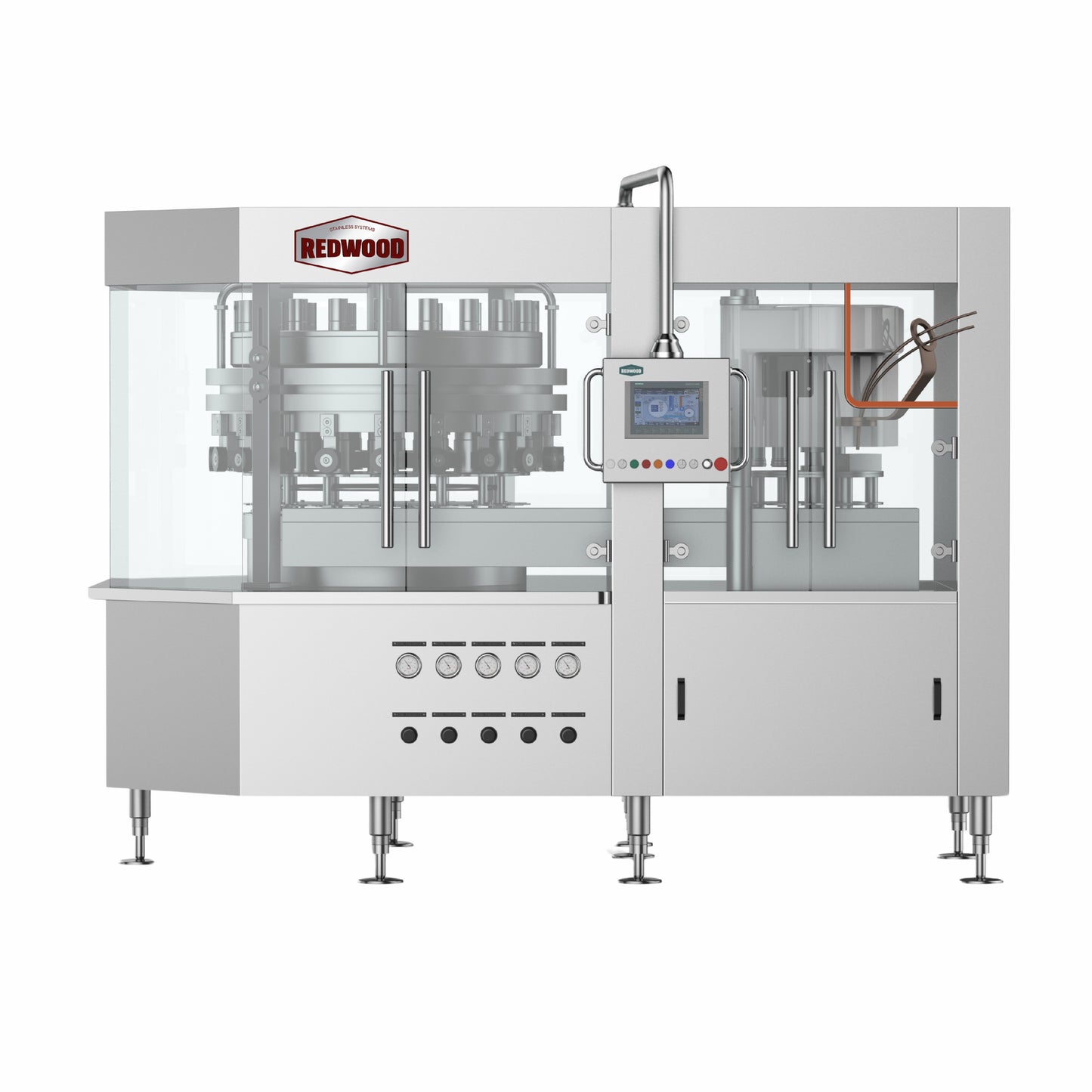 A high-quality stainless steel beverage filling machine by Redwood Stainless Systems. The advanced automated system features multiple filling heads, a glass enclosure for hygiene, and a digital control panel for precise operation. The sleek, industrial design is built for efficiency in brewery and beverage production.