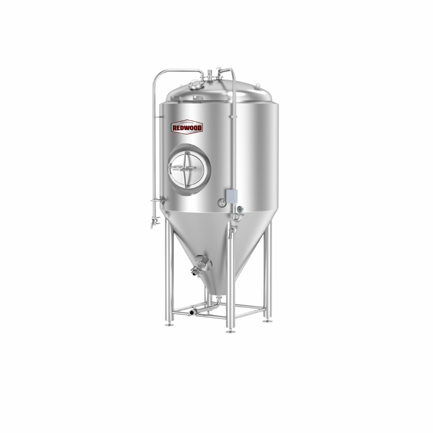 Stainless steel fermentation tank with a conical bottom, cylindrical body, and various valves and gauges, designed for brewing processes