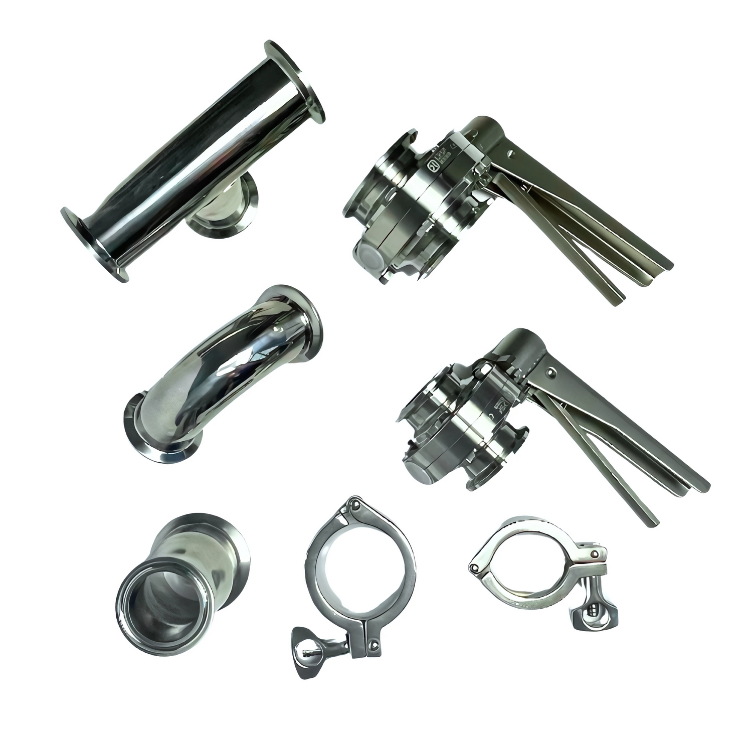 High-quality stainless steel brewing accessories, including tri-clamp fittings, butterfly valves, elbows, and clamps—ideal for professional brewers.