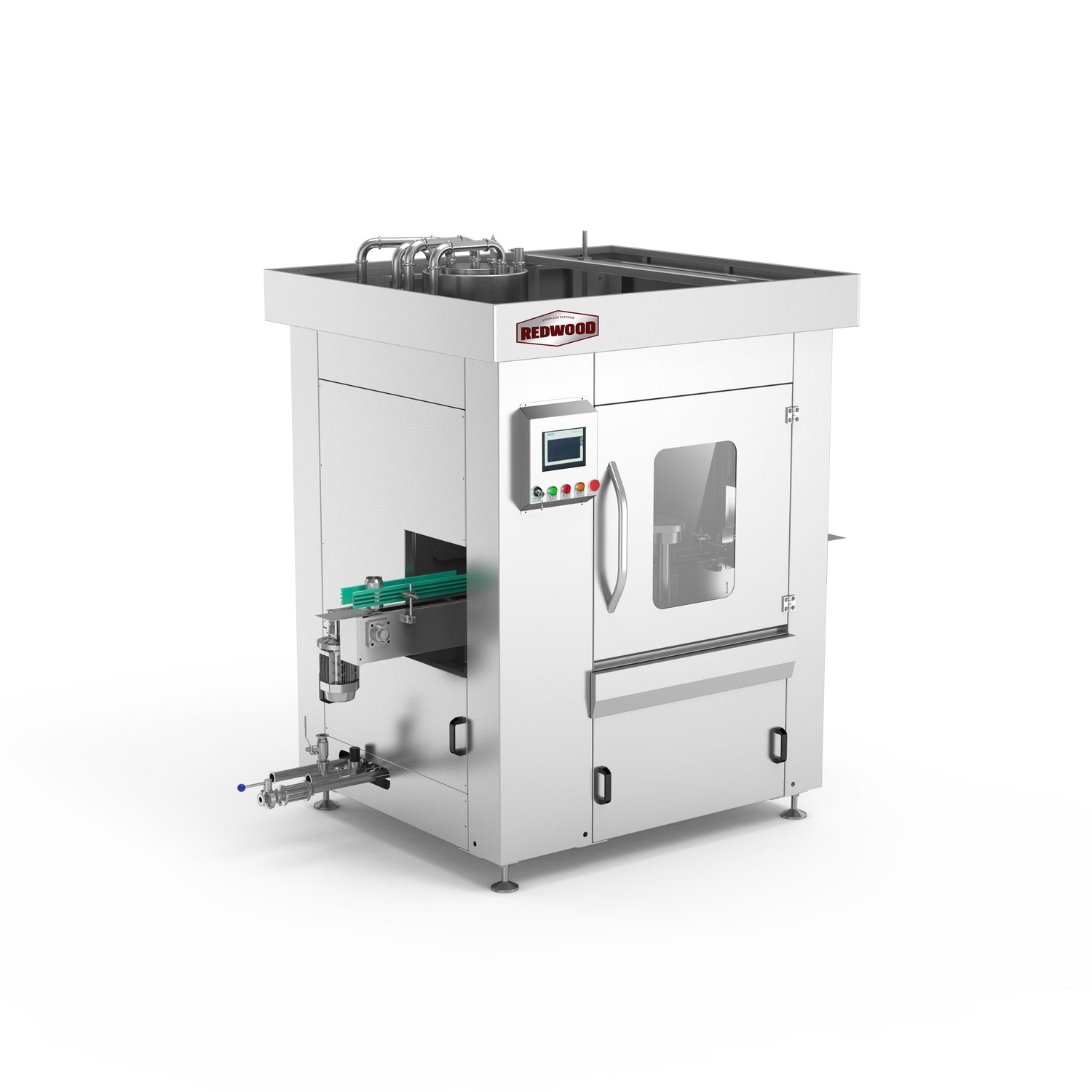 Stainless steel canning machine labeled ‘Redwood’ with a conveyor belt, control panel, digital display, and transparent monitoring window, designed for automated canning processes