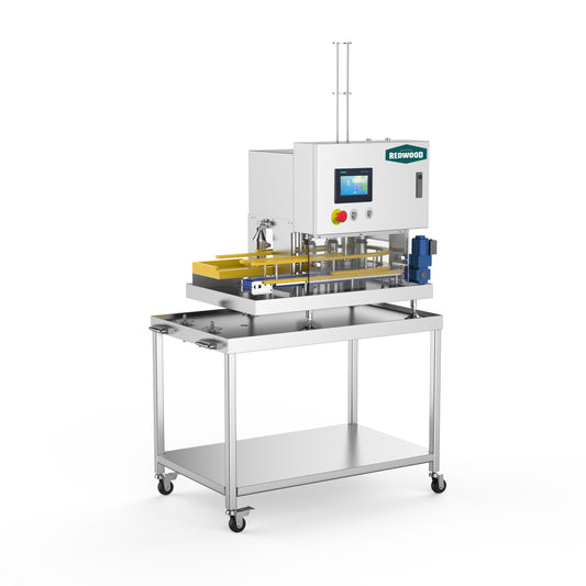 A compact and efficient canning machine by Redwood Stainless Systems, designed for precision in beverage packaging. Featuring a stainless steel frame, a digital control panel, and an automated filling system, this machine ensures smooth and consistent can sealing for breweries and beverage producers.