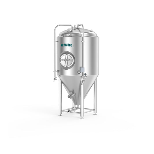 Stainless steel 15BBL fermentation tank equipped with a versatile Tri-clamp port, robust pressure system including a spunding device, CO2 meter, and various valves for optimal brewing control, featuring additional cleaning and safety options like a spray ball and blow-off arm, designed for enhanced brewing efficiency and quality.