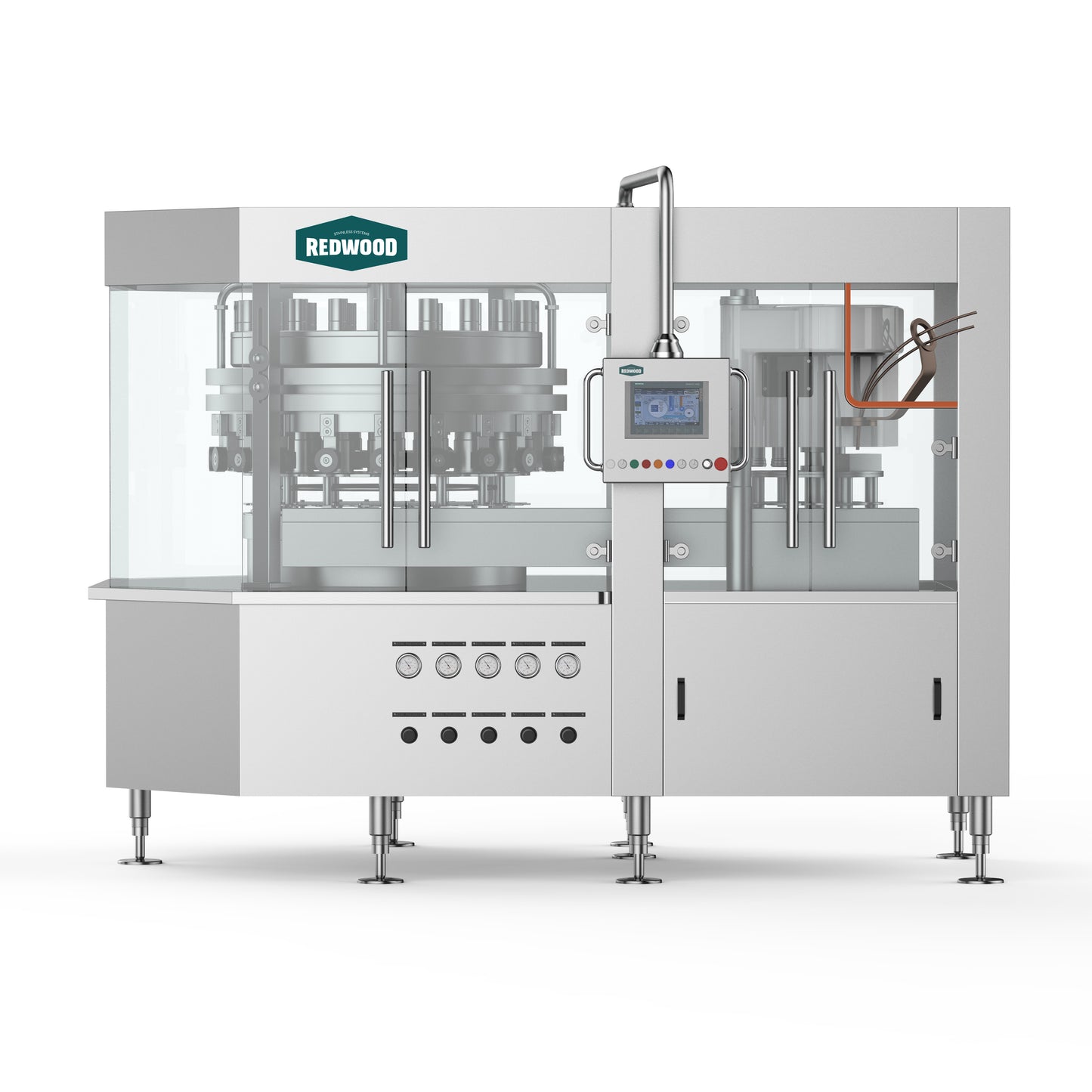 A high-quality stainless steel beverage filling machine by Redwood Stainless Systems. The advanced automated system features multiple filling heads, a glass enclosure for hygiene, and a digital control panel for precise operation. The sleek, industrial design is built for efficiency in brewery and beverage production.