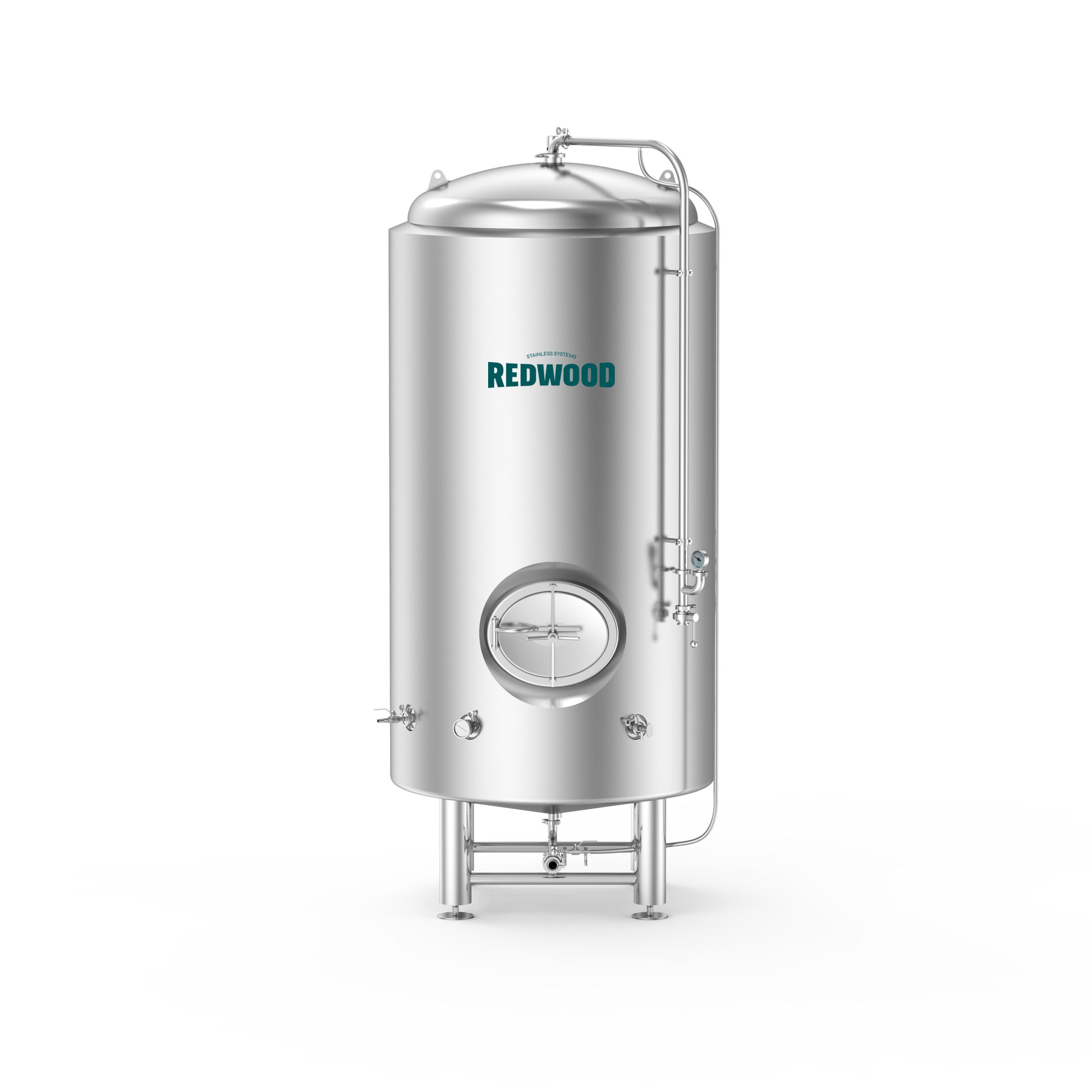 Redwood branded stainless steel bright beer tank with high-efficiency polyurethane foam insulation, featuring sanitary construction with a polished interior for optimal cleanliness. Includes high-quality TIG welded pipes, certified valves, and fittings. Customizable according to specifications, designed for rigorous use with a 120% overhead space and separate glycol jackets for precision temperature control.
