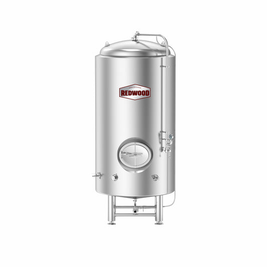 Redwood branded stainless steel bright beer tank with high-efficiency polyurethane foam insulation, featuring sanitary construction with a polished interior for optimal cleanliness. Includes high-quality TIG welded pipes, certified valves, and fittings. Customizable according to specifications, designed for rigorous use with a 120% overhead space and separate glycol jackets for precision temperature control.