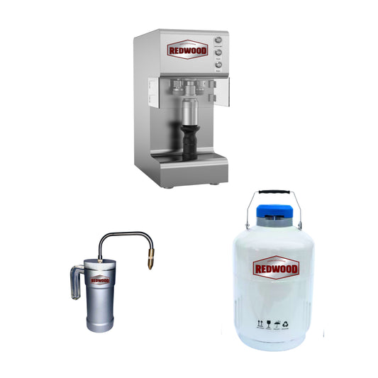 Beverage Packaging Starter Kit including Bonsai single-head can seamer, liquid nitrogen doser, and LN₂ dewar tank for pilot and small-batch canning.