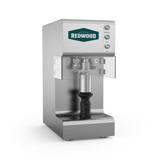 A close-up of the Redwood Bonsai Can Seamer, a compact and durable single-head canning machine, designed for precision sealing in craft brewing and beverage production.