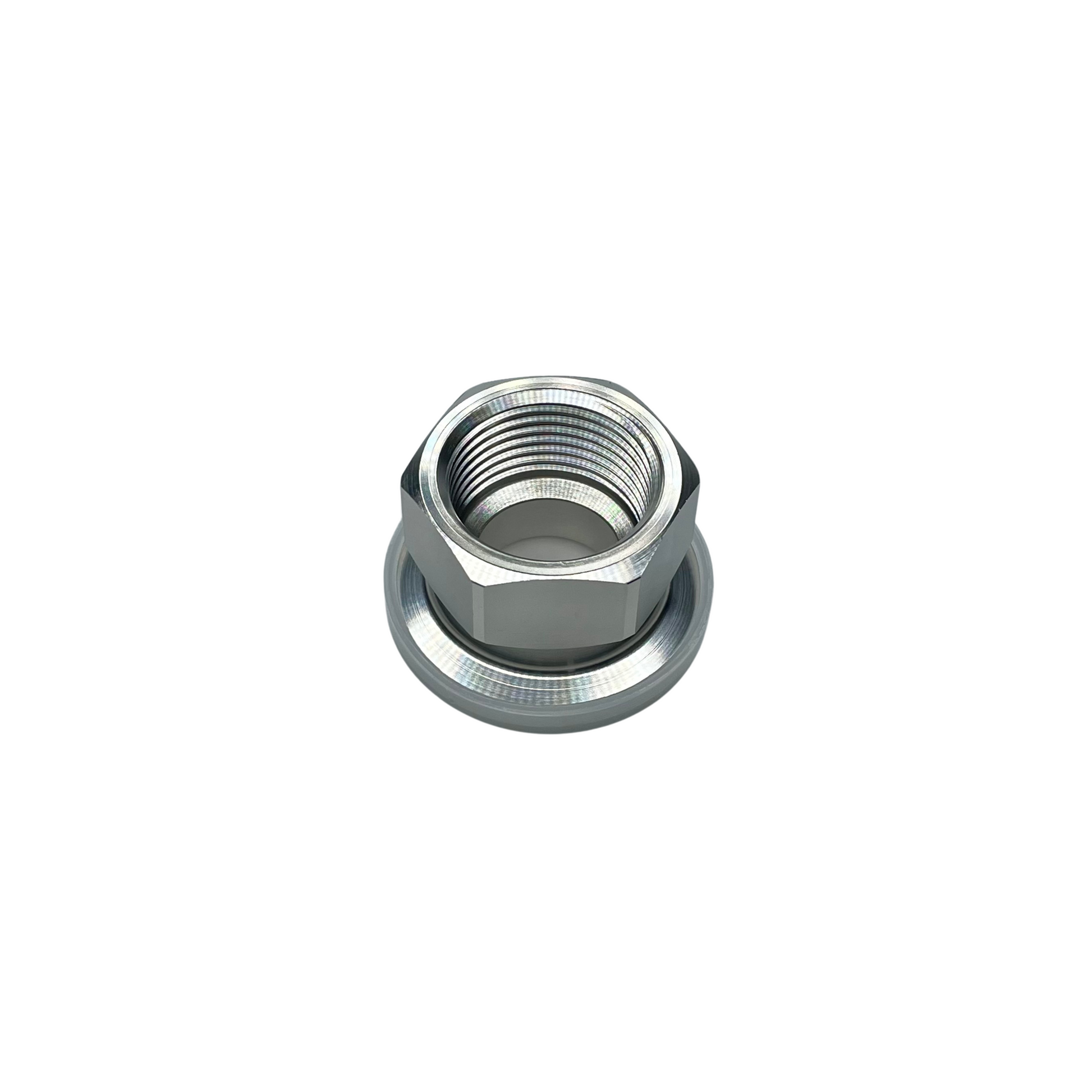 Top view of a stainless steel female NPT to tri-clamp adapter, designed for secure and sanitary connections in brewing, food, and beverage processing systems.