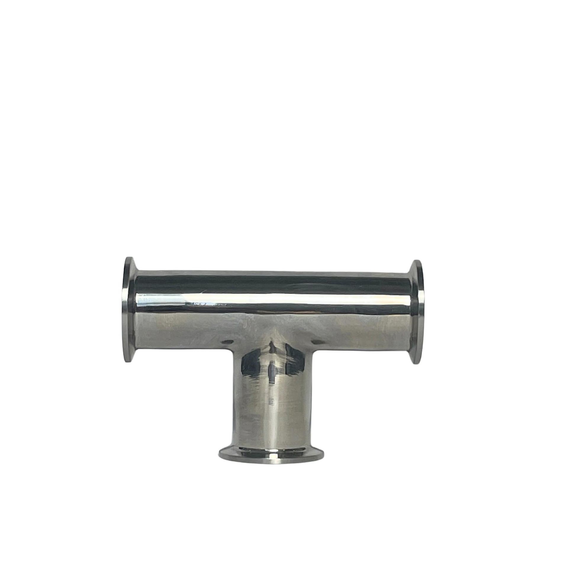 Polished stainless steel T-fitting with tri-clamp connections, ideal for fluid transfer in brewing and beverage applications.