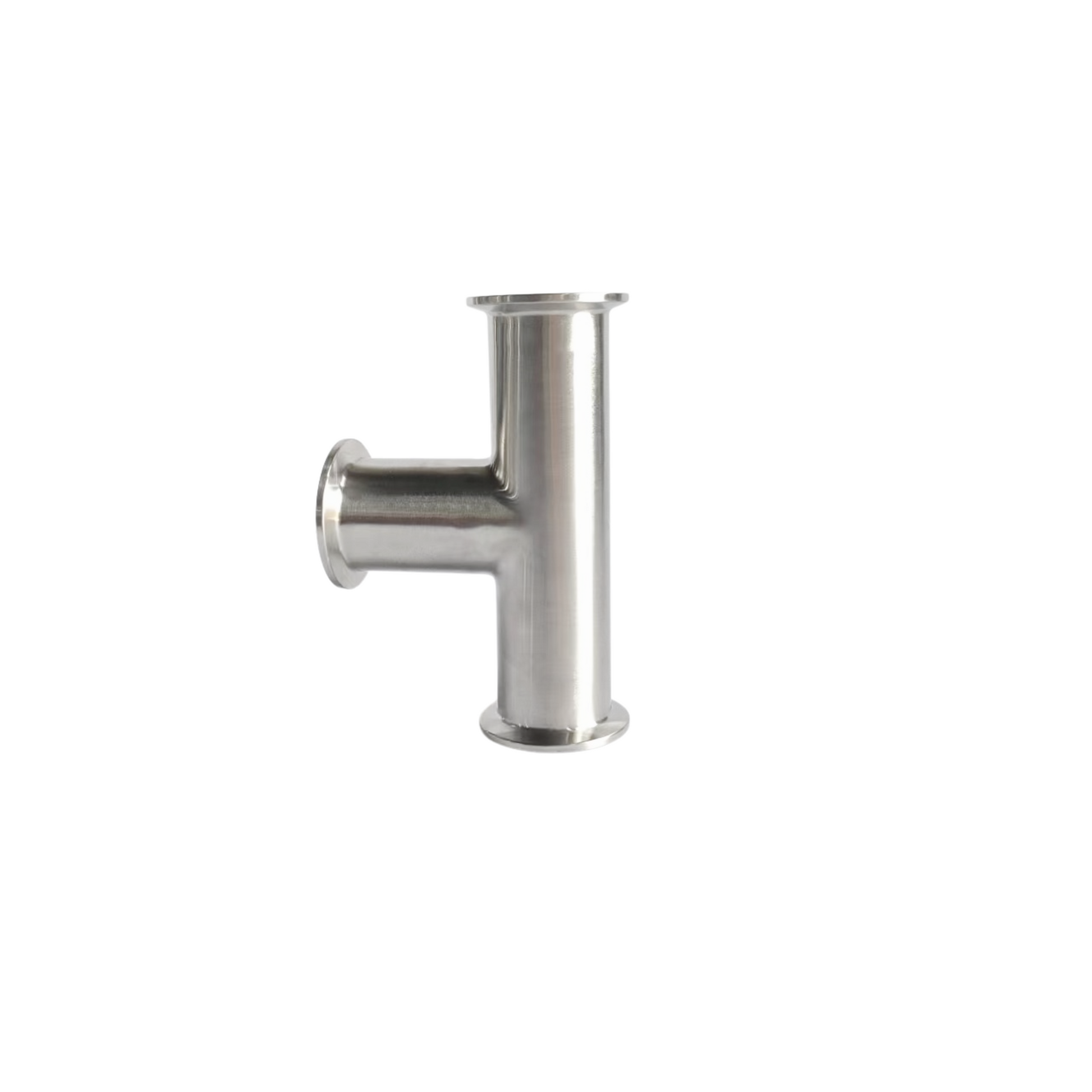 Stainless steel sanitary tee fitting with tri-clamp ends, designed for brewery and food-grade piping systems.