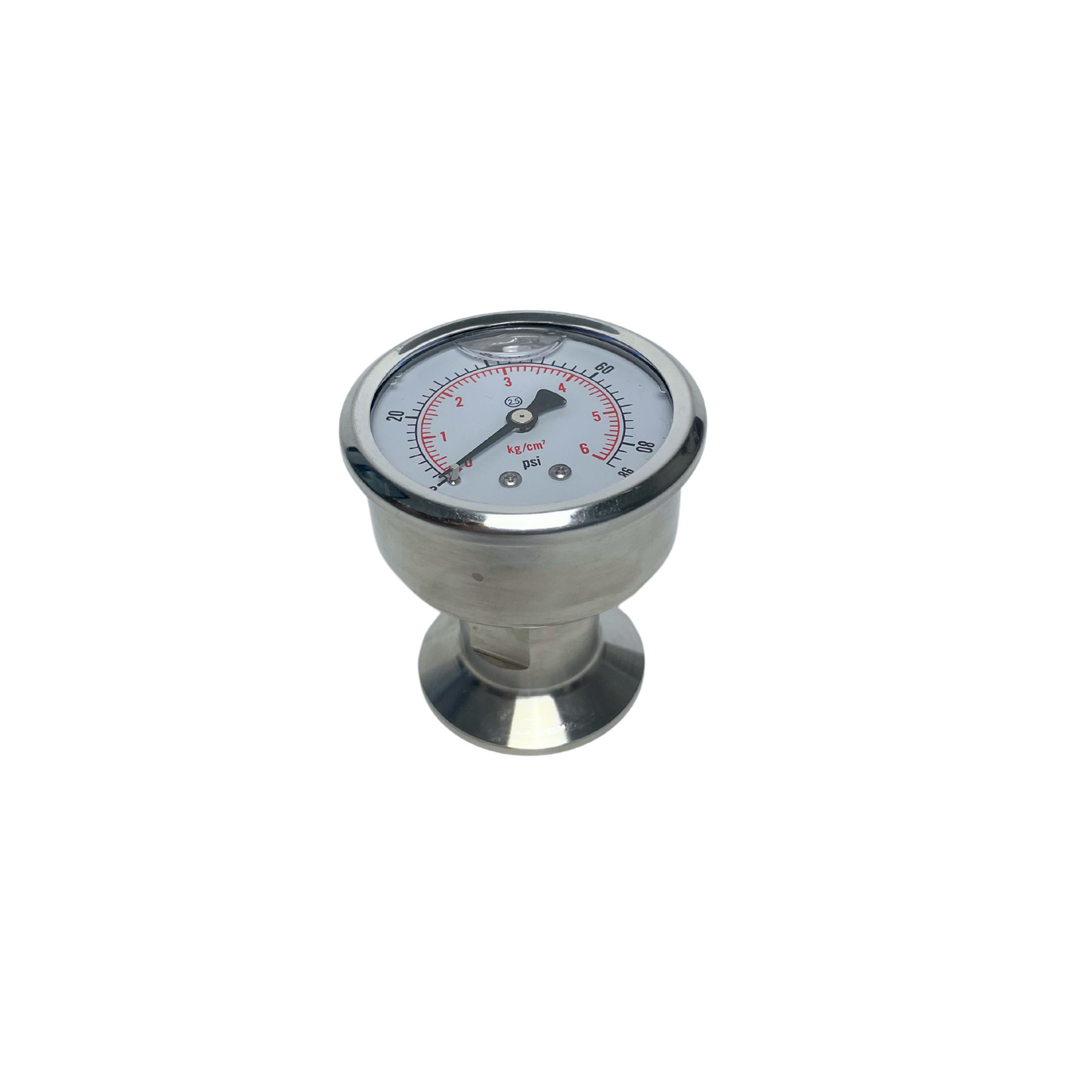 Tri-clamp stainless steel pressure gauge with a secure sanitary connection, ensuring precise pressure measurement in brewery and food-grade applications.