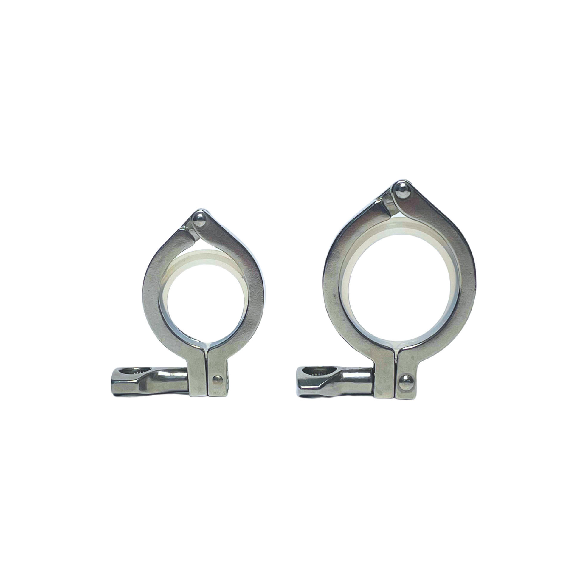 Stainless steel tri-clamp clamps with secure wingnut fasteners, designed for sanitary brewing and food-grade piping systems.