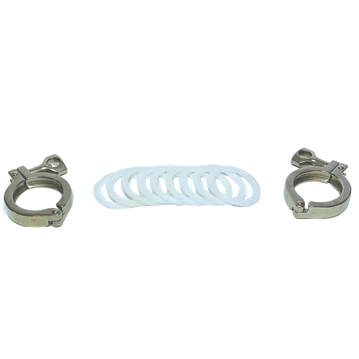 Tri-clamp gasket set with stainless steel clamps, providing a sanitary seal for brewing, food, and beverage processing systems.