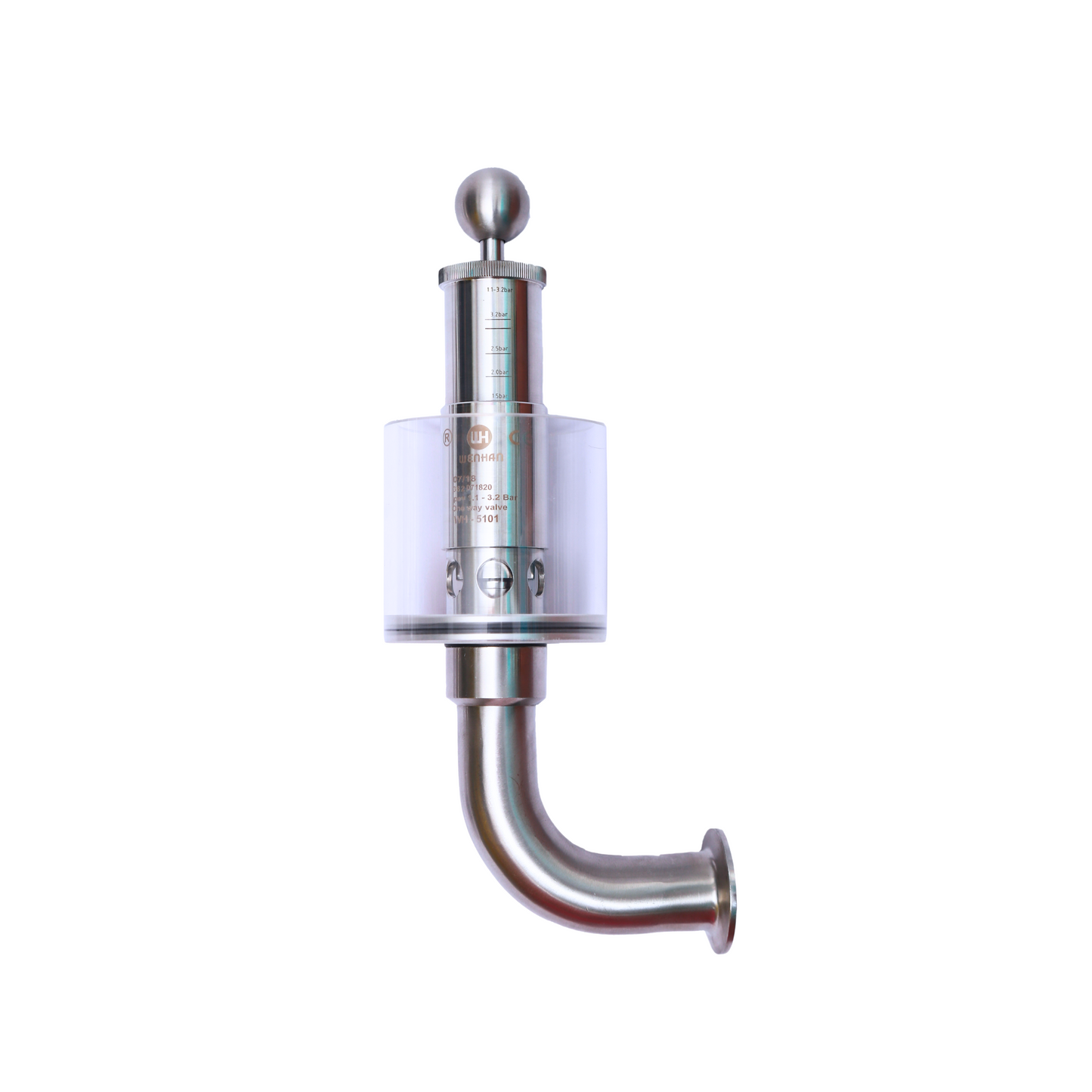 Stainless steel pressure relief valve with tri-clamp connection and transparent chamber, designed for brewery and sanitary fluid control systems.