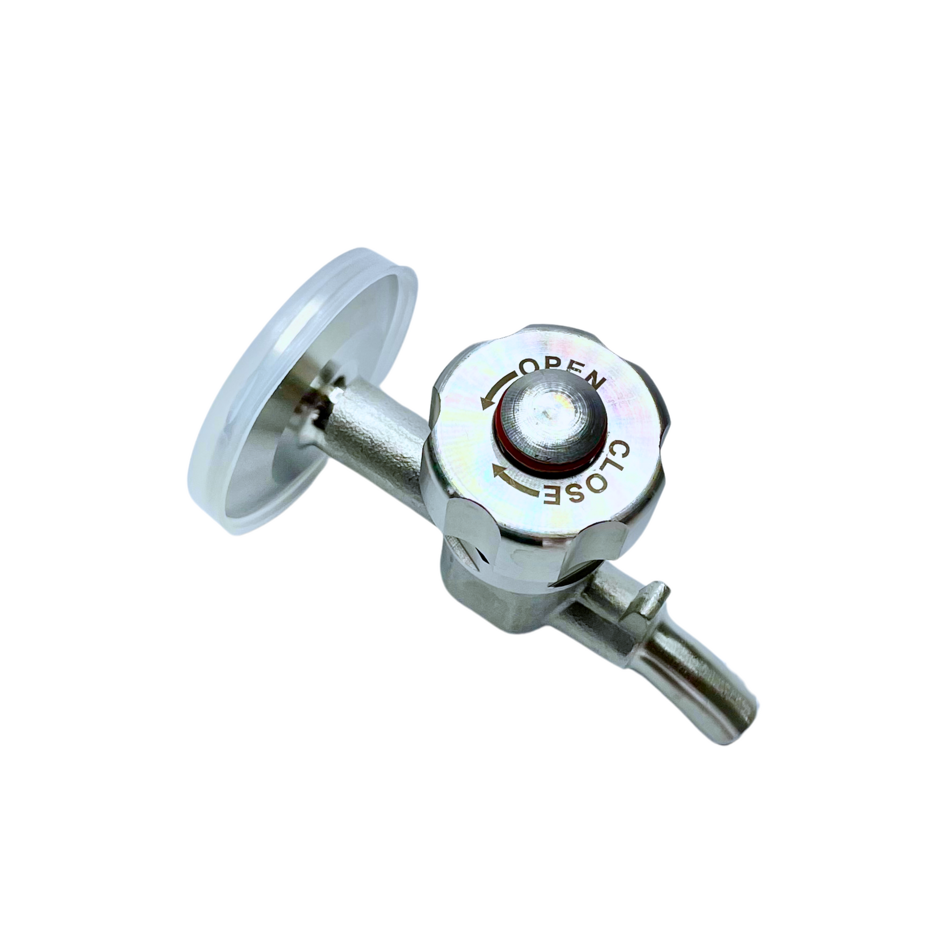 Top view of a stainless steel sample valve with an easy-to-use open/close mechanism, ensuring hygienic and controlled sampling in brewing and food processing.