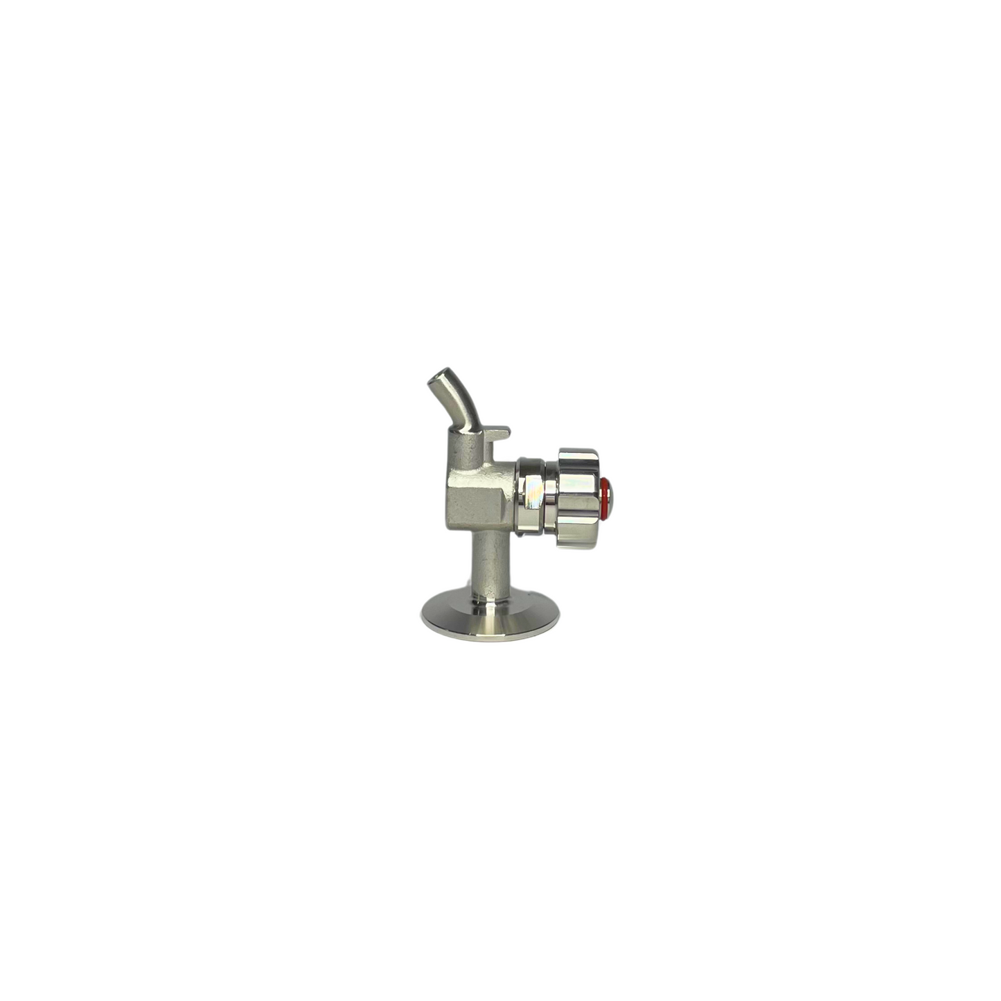 Side view of a stainless steel tri-clamp sample valve, featuring a precision control knob for accurate liquid sampling.