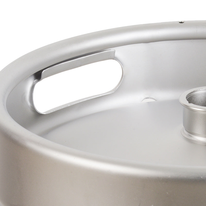 Close-up image of the handle and threaded neck on the top of a stainless steel beer keg.